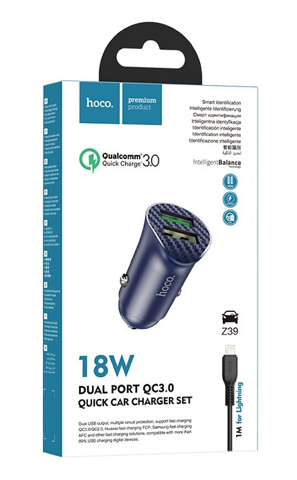 Автомобильное зарядное устройство Hoco Z39 2USB 3.0A QC3.0 18W + кабель Lightning (Синий)