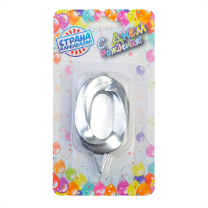 Свечи для торта "Грань" цифра 0 серебрянный металлик