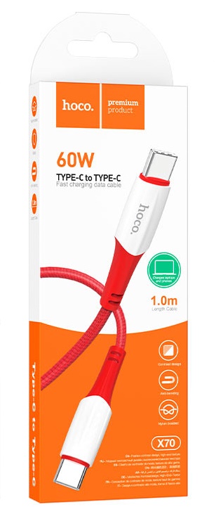 Кабель Hoco X70 USB 3.0A 60W для Type-C Type-C нейлон 1м (Красный)
