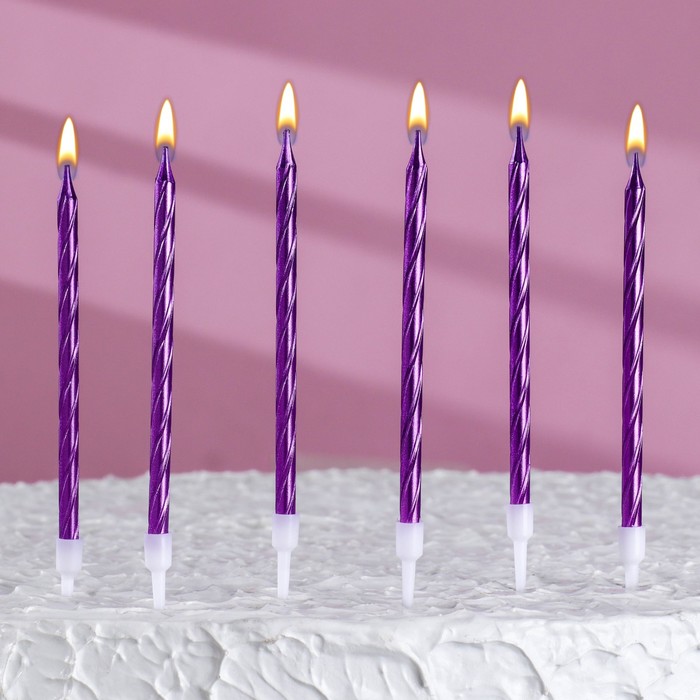 Свечи в торт витые с подставкой фиолетовый 14 см 6 шт