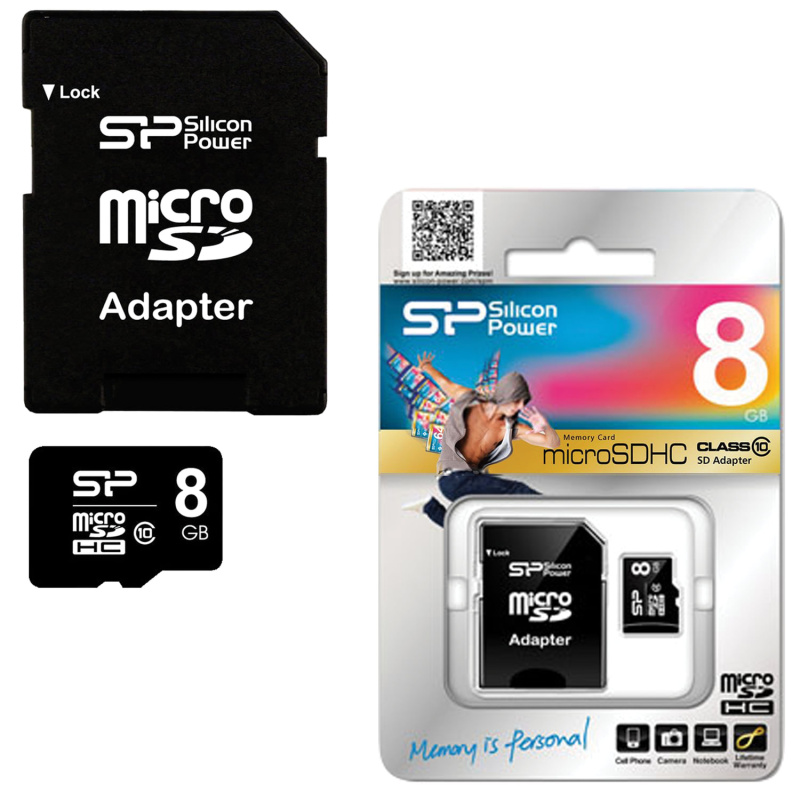 Карта памяти SILICON POWER SD Card, SDHC  Class10 + Adapter 8Gb