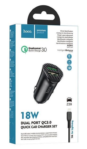 Автомобильное зарядное устройство Hoco Z39 2USB 3.0A QC3.0 18W + кабель Lightning (Черный)