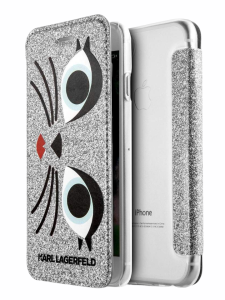 Чехол-книжка Lagerfield Double Layer Glam Choupette Glitter KLFLBKP&GLCHSI для iPhone 7/8 серебро