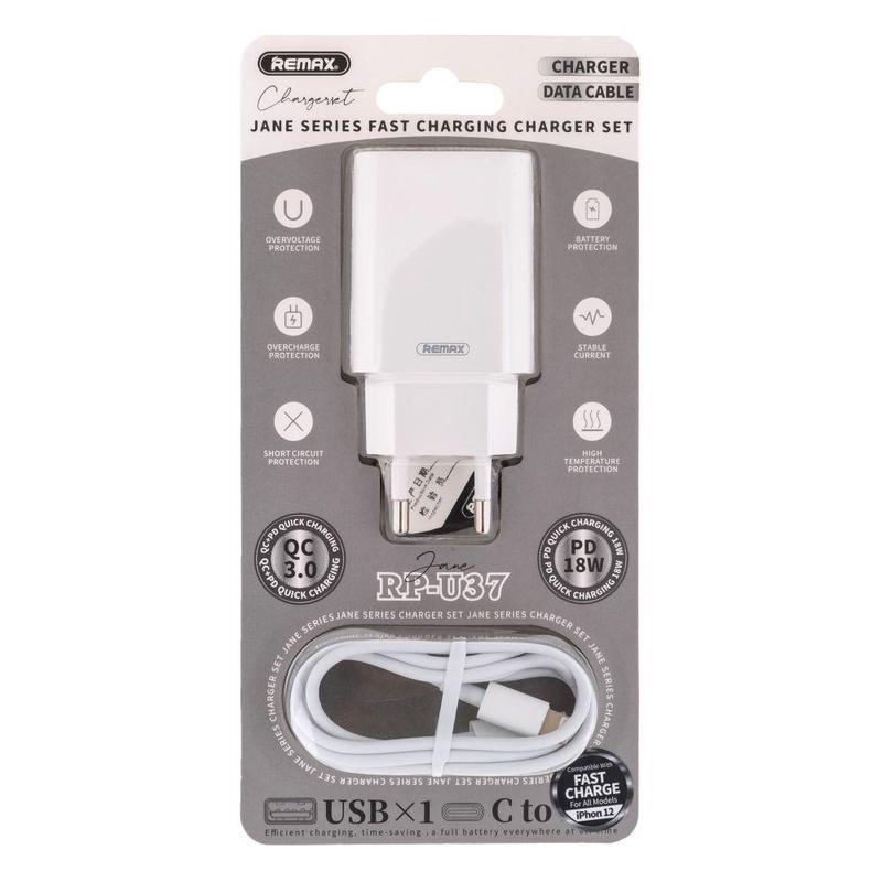 Сетевое зарядное устройство 2 в 1 REMAX Jane RP-U37 Series 2USB QC+PD Fast Charging кабель Lightning