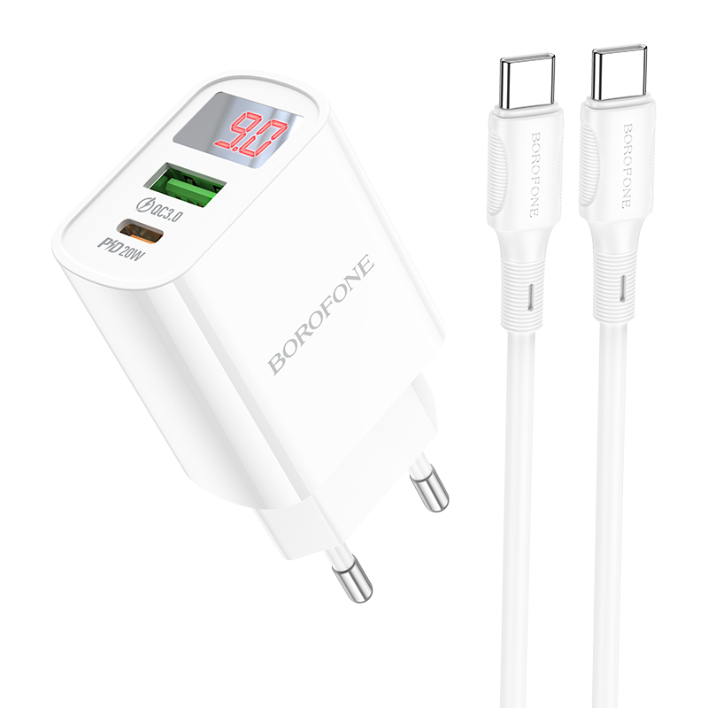 Сетевое зарядное устройство Borofone BA78A USB 3.0A PD 20W+QC3.0 кабель Type-C Type-C 1м (Белый)
