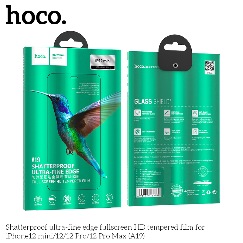 Защитное стекло Hoco Shatterproof ultra-fine edge full screen HD для iPhone12 mini (A19)