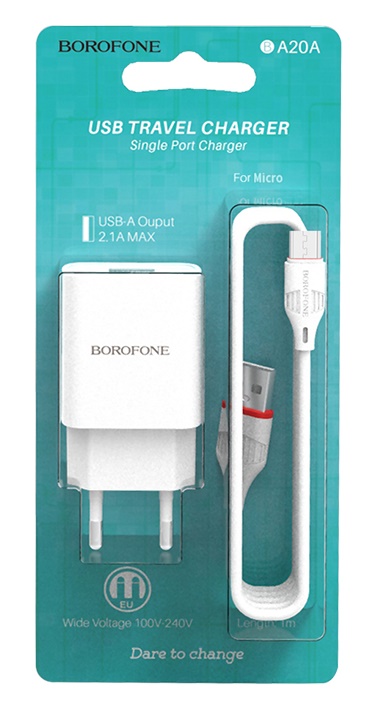 Сетевое зарядное устройство Borofone BA20A 1USB 2.1A кабель Micro USB (Белый)