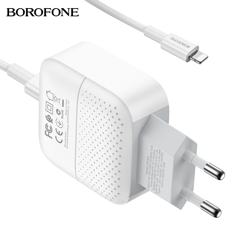 Сетевое зарядное устройство Borofone BA46A USB-C 3.0A PD 18W+QC3.0 Lightning 8-pin Type-C 1м (Белый)