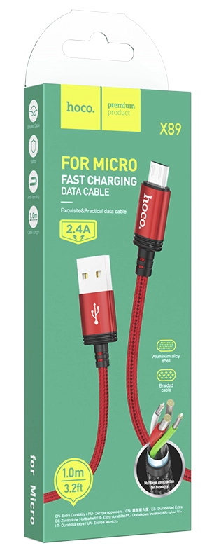 Кабель нейлоновый Hoco X89 2.4A Micro USB 1м (Красный)