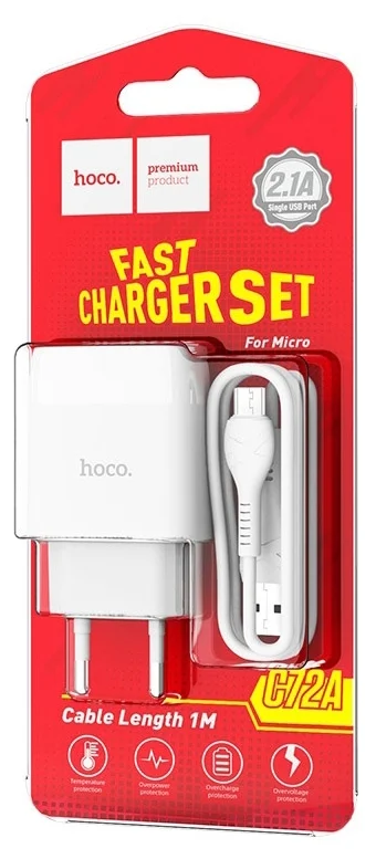 Сетевое зарядное устройство Hoco C72A USB 2.4A кабель micro USB 1м (Белый)