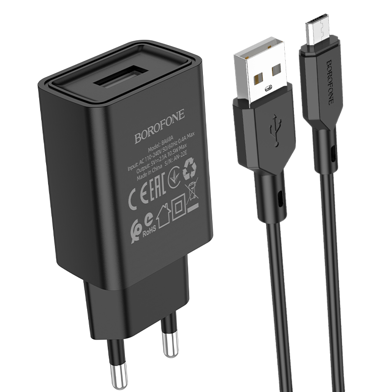 Сетевое зарядное устройство Borofone BA68A 1USB 2.1A кабель Micro USB (Черный)