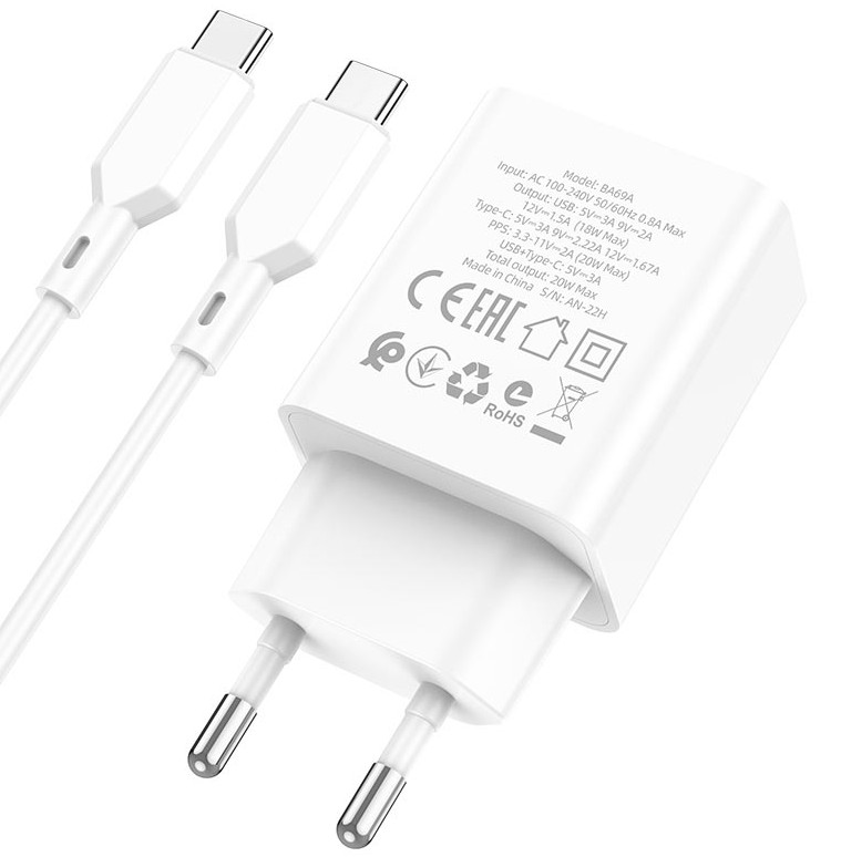 Сетевое зарядное устройство Borofone BA69A USB-C 20W быстрая зарядка для Type-C Type-C (Белый)